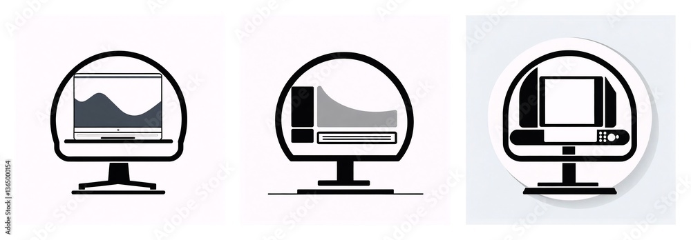 Poster three monitor icons display diverse interfaces: wavy line graph, bar chart with slider, and rectangu