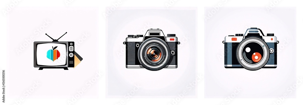 Aufkleber Icons of media devices: a retro TV with an apple-like symbol and two SLR cameras are displayed on a white background.