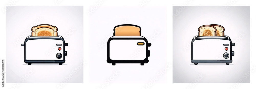 Poster three toaster illustrations show bread slices popping up. variations include color and background, d