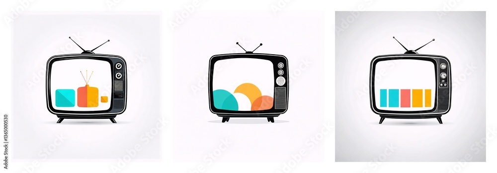 Poster Three retro televisions are displayed with abstract colorful shapes on their screens against a clean white background. Each TV showcases a unique graphic design.