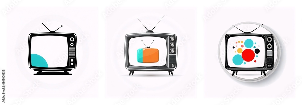 Poster three retro style televisions in a row. the screens display different content: a shape, a smaller tv