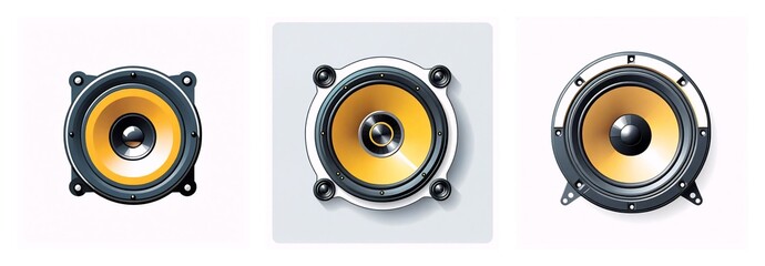 Three speakers with yellow cones and dark frames are displayed in a row. The speakers vary in shape, including square and round designs, all on a clean white background.