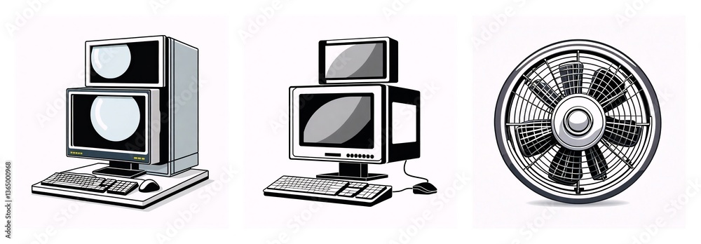 Poster Two vintage computers with stacked monitors and a circular fan are illustrated on a plain white backdrop.