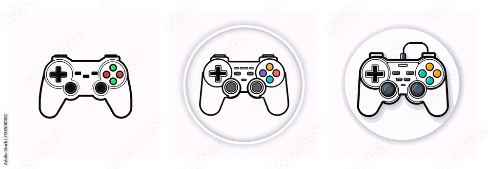 Poster three cartoon game controllers in a row, different styles, on white backgrounds. gaming input device
