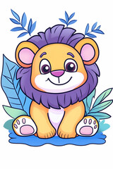 Naklejka premium Cute cartoon lion sits amid leaves with a purple mane and happy expression