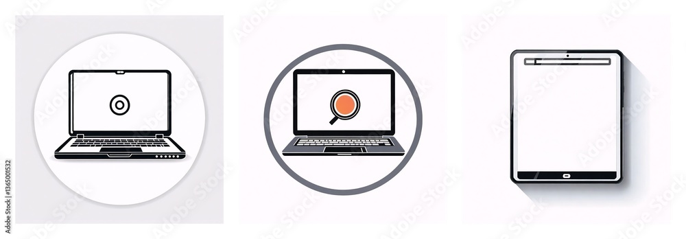 Aufkleber three device icons: a laptop with a target symbol in a circle, a laptop with a magnifying glass in a