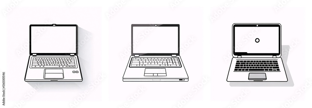 Poster three line illustrations of laptops are displayed in a row. each laptop is open and facing forward, 