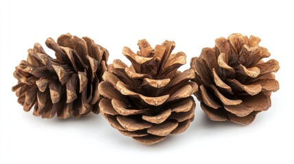 Three pine cones on white background.  Possible use Nature photography, educational material