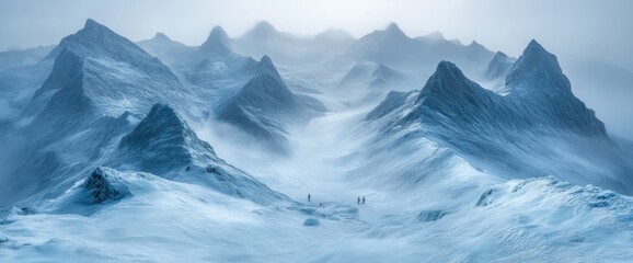 Fototapeta premium Snowy peaks shrouded in mist, hikers traverse the icy landscape
