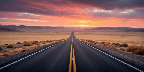A deserted road stretching endlessly into the horizon, flanked by low, rolling hills covered in golden grass. The warm light of the setting