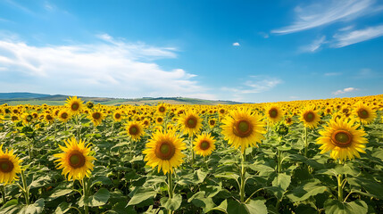 Fototapeta premium sunflower, field, flower, agriculture, sky, nature, summer, yellow, sun, blue, plant, sunflowers, meadow, sunny, leaf, bright, farm, growth, rural, blossom, landscape, flora, color, colorful, beauty