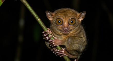 Adorable Tarsier Primate Hanging on Branch at Night