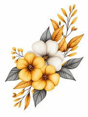 Elegant watercolor floral arrangement with yellow and white flowers, gray-green leaves, and gold accents