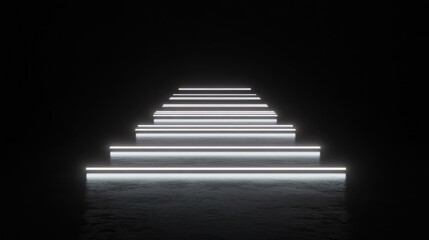 Illuminated stairs emerge from darkness, creating surreal, ether