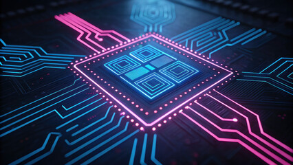 Futuristic neon circuit board glowing in blue pink, showcasing intricate electronic pathways