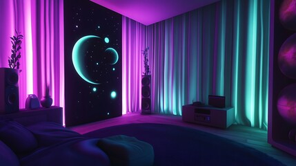 Neon Bedroom with Celestial Decor.
