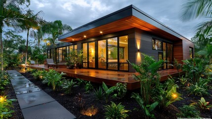 Fototapeta premium Luxury wooden eco friendly tropical house with illuminated deck porch and lush garden landscape at dusk Modern minimalist design with glass walls energy efficient lighting