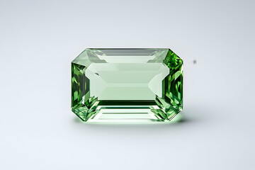 Emerald-cut light green gemstone on white background