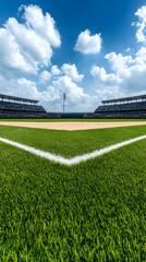 Empty baseball field Green grass, white lines, stadium seating, blue sky, fluffy clouds