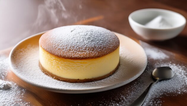 a soft japanese souffle cheesecake with a jiggly texture dusted with powdered sugar
