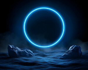 Empty circle neon light, dark landscape
