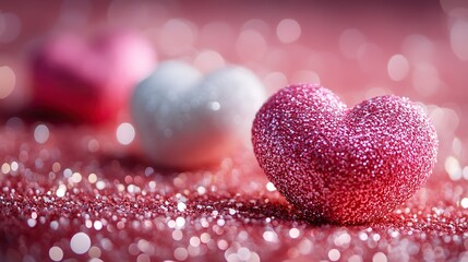 Obraz premium Pink and white hearts float on a glittery pink background, romantic for love celebrations.