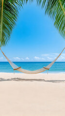 Empty hammock on a tropical beach under palm trees