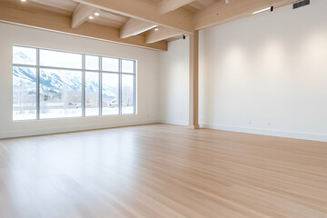 Empty room interior wood floor, white walls, beams, lights, big window, mountains view