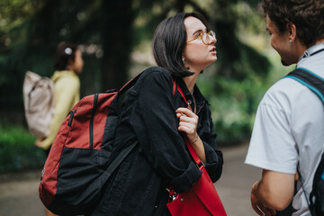 A group of students having an animated discussion outdoors, carrying backpacks. They are in a natural setting, suggesting a break or an informal study session during their day.