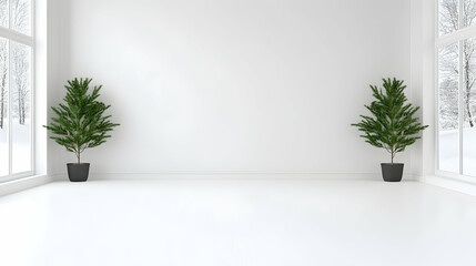 Empty room with Christmas trees and winter views