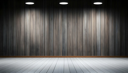 Empty room with wood paneling and spotlights