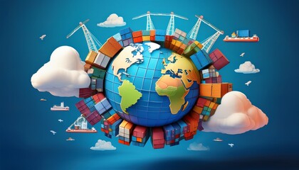 Naklejka premium logistics cargo shipping cost effective concept colorful 3d globe surrounded by shipping containers and clouds on a blue background