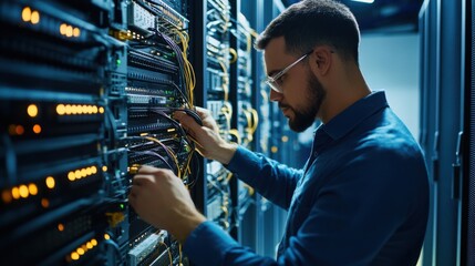 A network engineer troubleshooting connections, modern data center with rows of servers and networking equipment in the background, High-tech style
