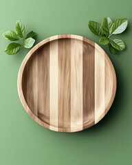 Empty wooden plate with leaves