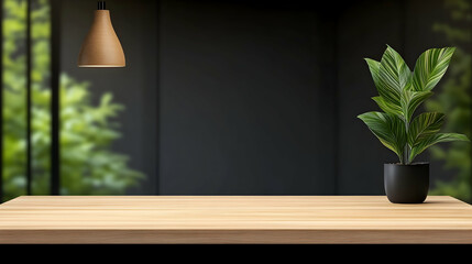 Empty wooden table with plant and lamp in modern interior setting