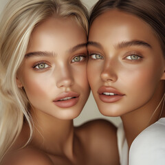 Fototapeta premium Künstlerisches Portrait zweier Models mit unterschiedlicher Hautfarbe in warmen Tönen