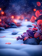 Enchanting winter scene snow-covered ground, vibrant red and purple leaves, soft bokeh lights