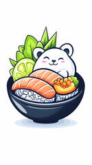 Cute polar bear nestled in a bowl of salmon sushi, garnished with lemon and greens