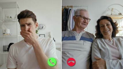 Two people appear on a call with a third individual waiting. Emotions flow as transitions between online and offline moments highlight their relationships.