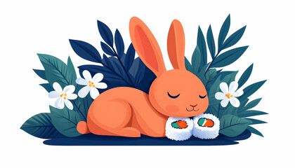 Cute rabbit sleeping on sushi with flower & leaf background