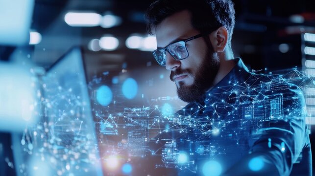 A quantum computer engineer optimizing quantum algorithms, tech lab with quantum computers and algorithm displays visible, High-tech style