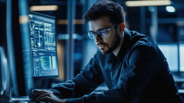 A quantum computer engineer optimizing quantum algorithms, tech lab with quantum computers and algorithm displays visible, High-tech style