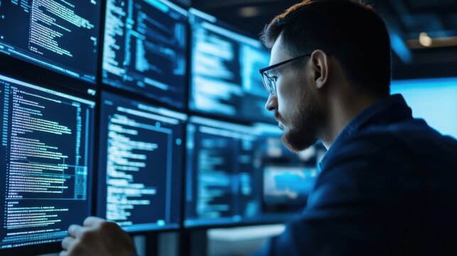 A quantum computer engineer optimizing quantum algorithms, tech lab with quantum computers and algorithm displays visible, High-tech style