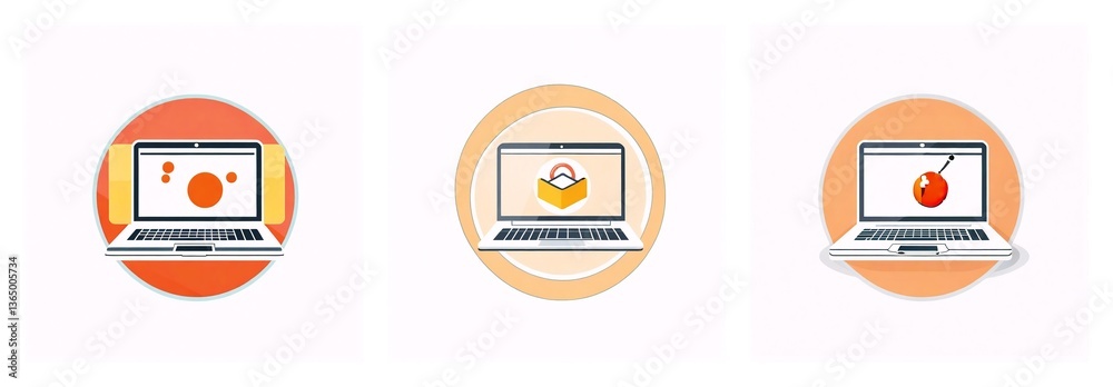 Poster Three laptop icons display different symbols, set on circular backgrounds in shades of orange, representing diverse functions.