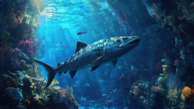 Baracuda Fish Swimming Fast in Underwater Seascape of Mexico