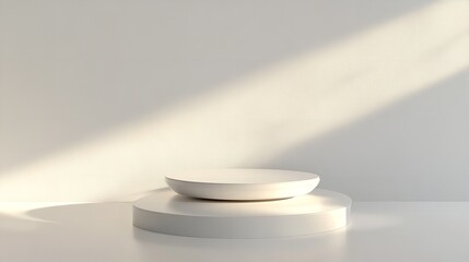Fototapeta premium A minimalist white pedestal in a bright, sunlit space with clean lines and a modern atmosphere.