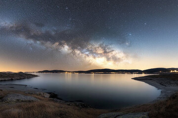 Fototapeta premium Starry Milky Way illuminated above serene mountain lake at night