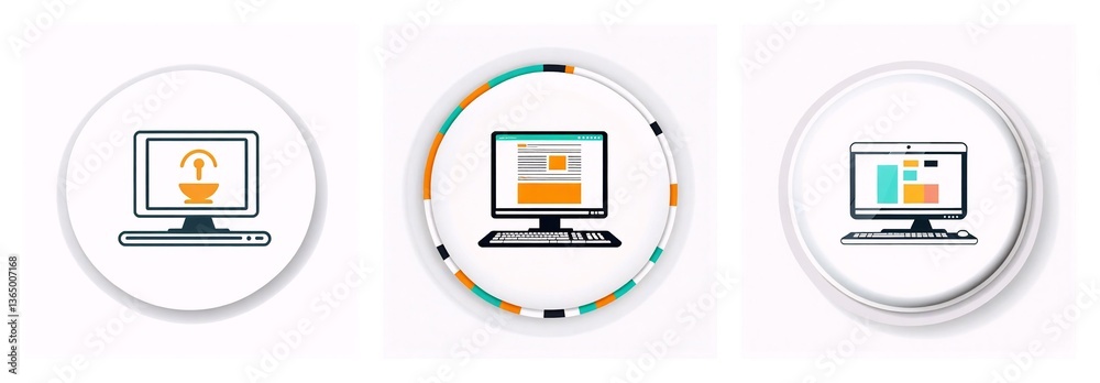 Aufkleber three circle icons featuring computer screens. icons depict signal, webpage layout, and chart, repre