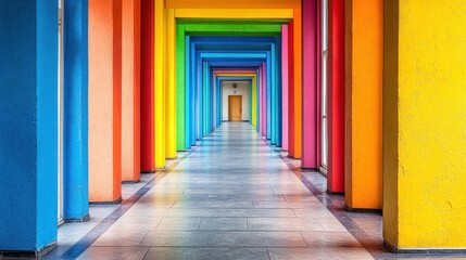 Colorful hallway with vibrant pillars.  Perspective leads to a distant door