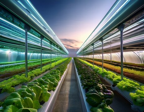 a futuristic microclimate farming system with rows of vegetables thriving under precise conditions